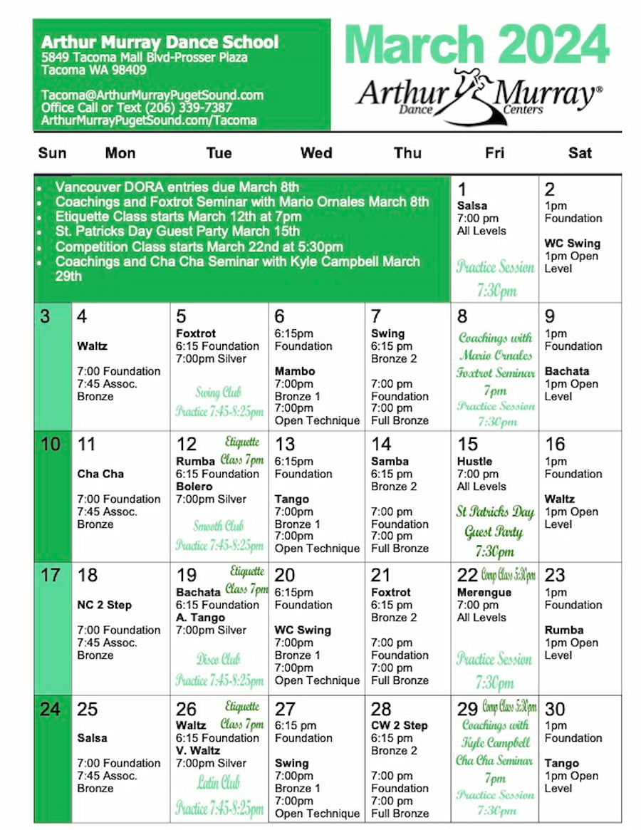 Arthur Murray Tacoma Newcomer Group Class Calendar
